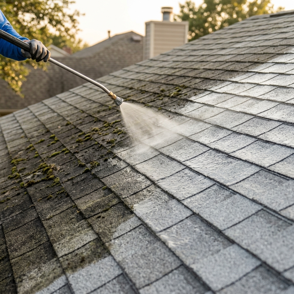 Roof soft wash cleaning